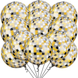 katchon, huge disco ball balloons -22 inch, pack of 12 | black and gold disco balloons for disco party decorations | 360 degree 4d sphere disco balloons | graduation decorations class of 2024