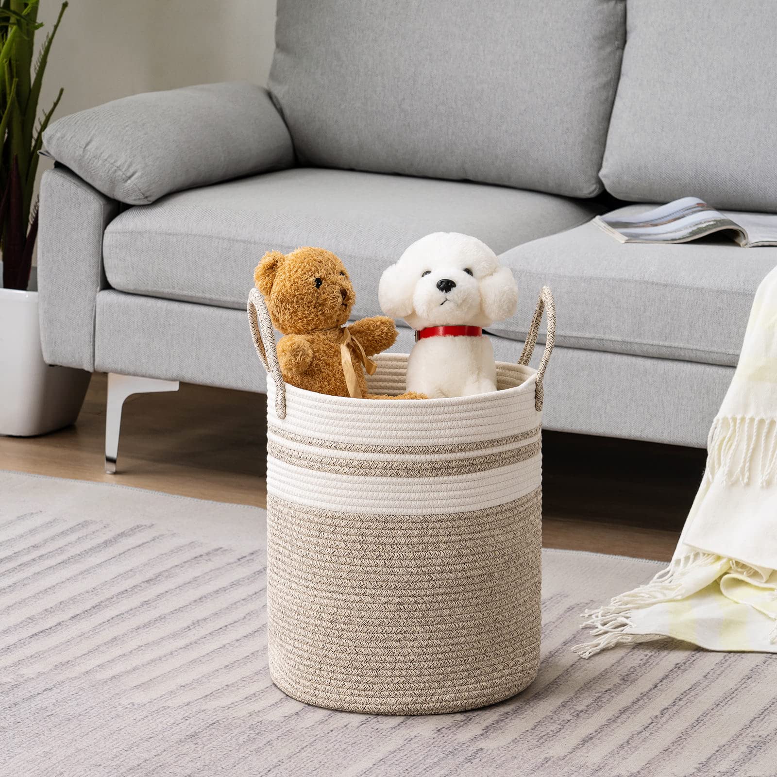 YOUDENOVA Woven Rope Laundry Hamper with Handles, 41L Laundry Basket for Blanket Storage, Heavy Duty Clothes Hamper for Bedroom-16 x 14 x 14 Inches-Brown