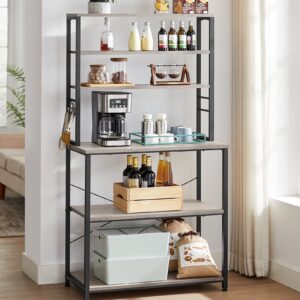 VASAGLE Coffee Bar, 31.5 Inches Baker's Rack for Kitchen with Storage, 6-Tier Kitchen Shelves with 6 Hooks, Microwave Stand, Industrial, Greige and Black UKKS019B02