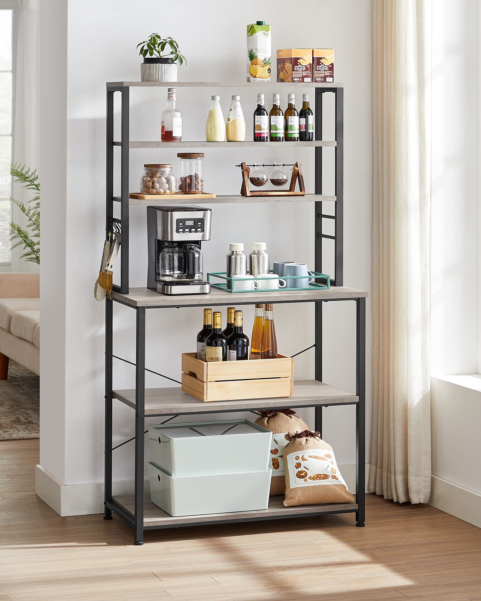 VASAGLE Coffee Bar, 31.5 Inches Baker's Rack for Kitchen with Storage, 6-Tier Kitchen Shelves with 6 Hooks, Microwave Stand, Industrial, Greige and Black UKKS019B02