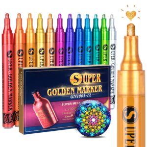 sakeyr super golden metallic paint markers, 12 colors sparkle metallic glitter markers, acrylic paint pens for rock painting, glass, wood, fabric, black paper, cards, scrapbook, diy art crafts (2-3mm)