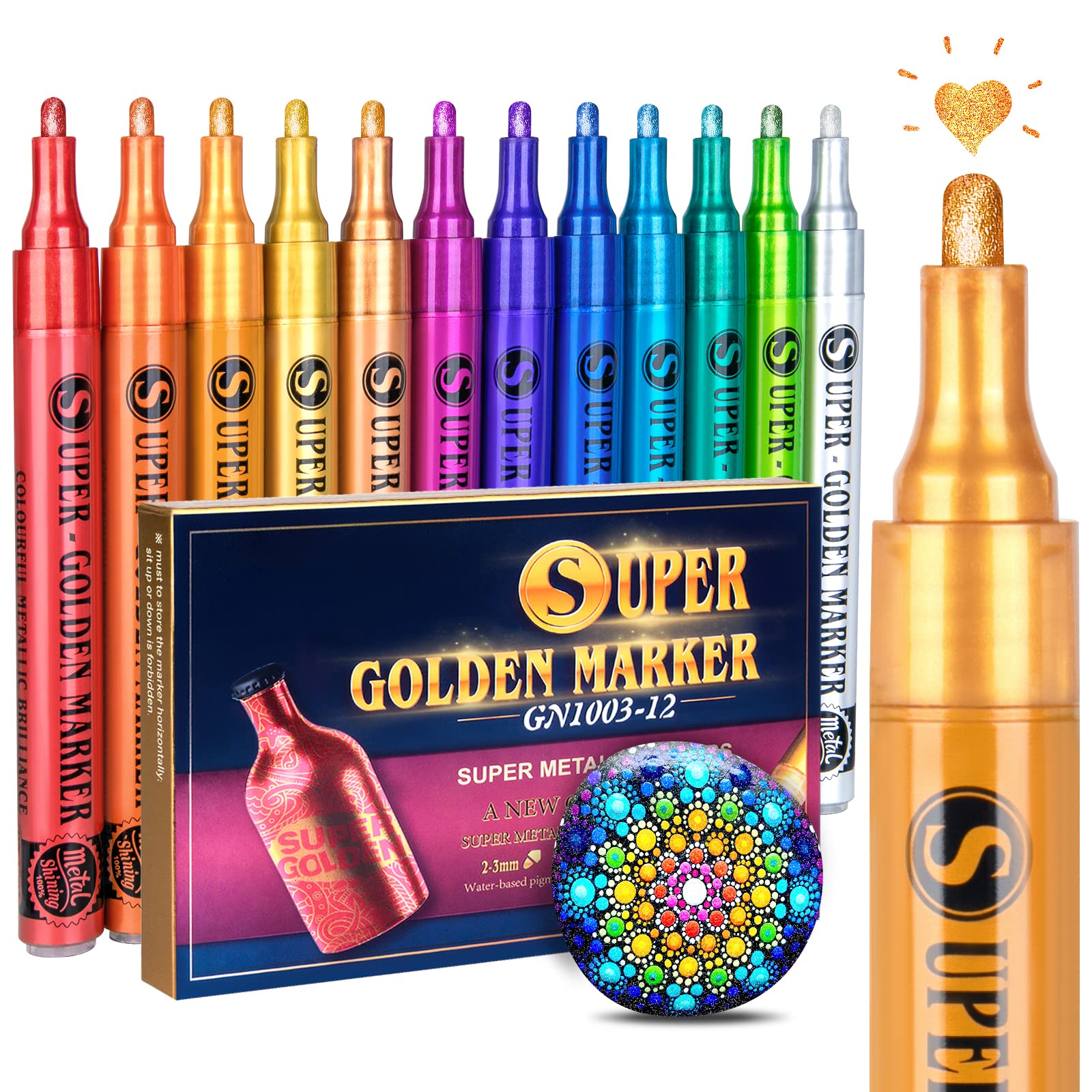 SAKEYR Super Golden Metallic Paint Markers, 12 Colors Sparkle Metallic Glitter Markers, Acrylic Paint Pens for Rock Painting, Glass, Wood, Fabric, Black Paper, Cards, Scrapbook, DIY Art Crafts (2-3mm)