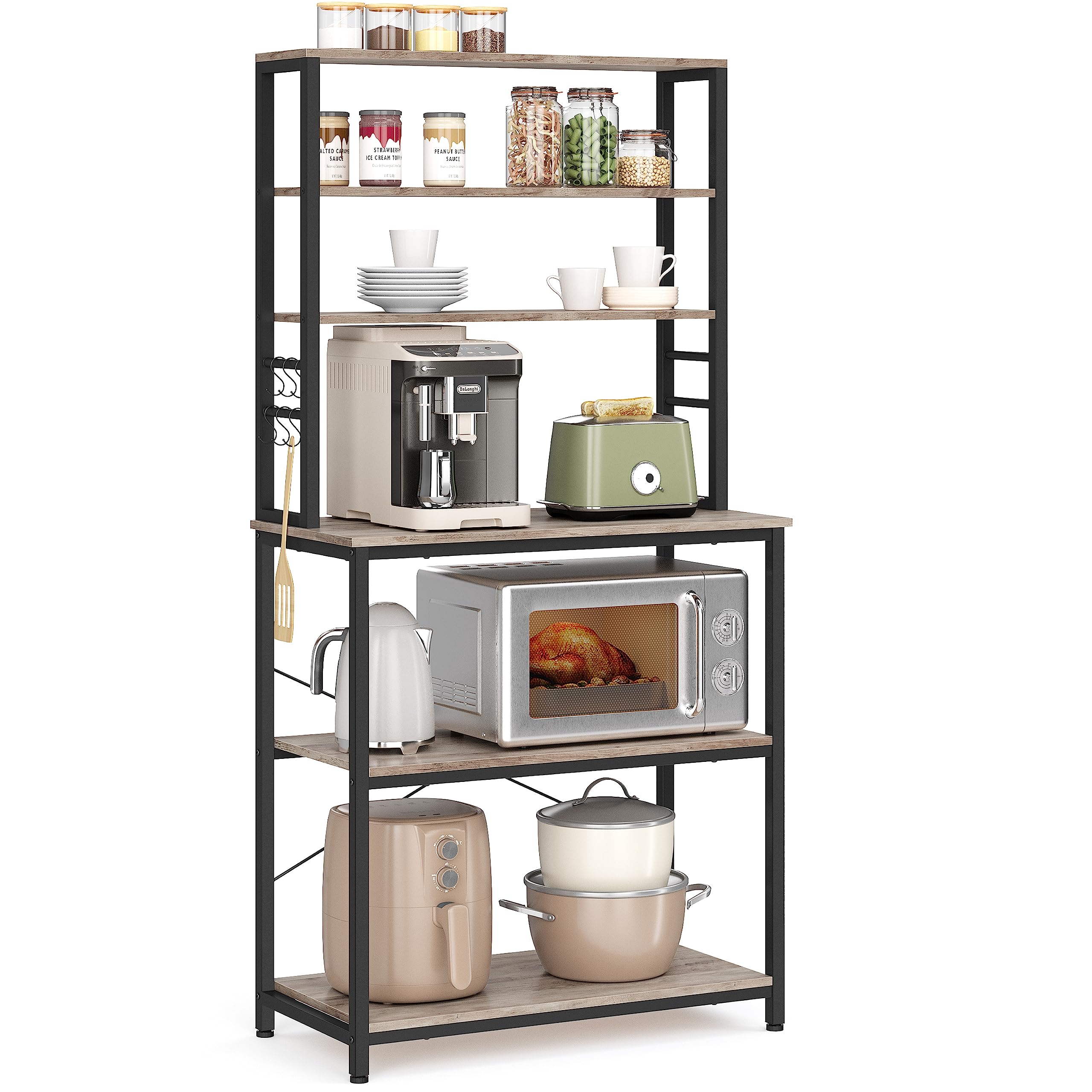 VASAGLE Coffee Bar, 31.5 Inches Baker's Rack for Kitchen with Storage, 6-Tier Kitchen Shelves with 6 Hooks, Microwave Stand, Industrial, Greige and Black UKKS019B02