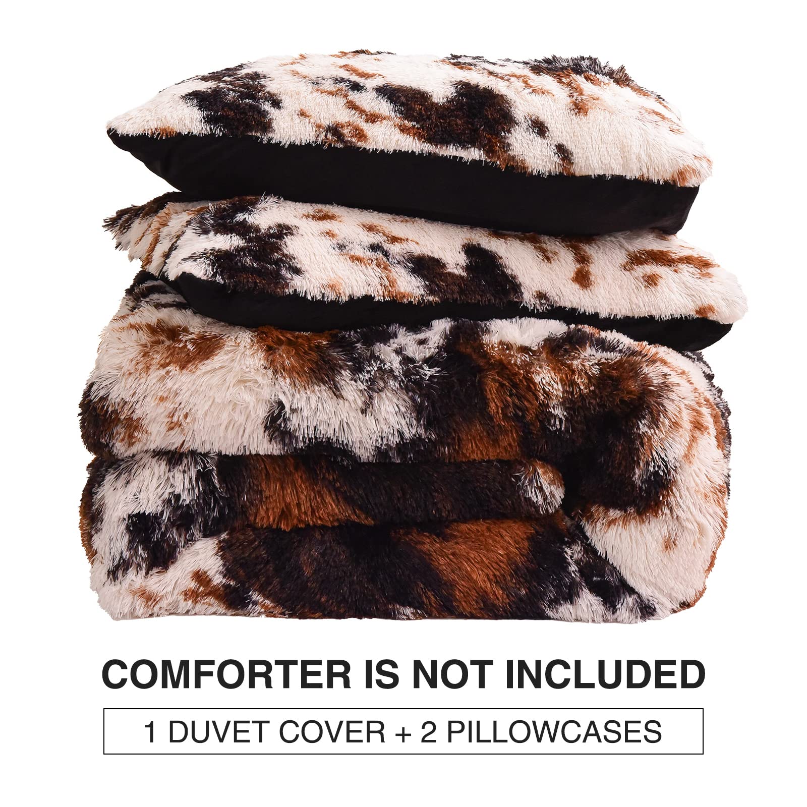 Aimuan Cow Print Duvet Cover Shaggy Fluffy Tie Dye Brown Black Velvet Bedding Set Super Soft Faux Fur Fuzzy Comforter Cover with Pillowcases (Coffee-Black, King)