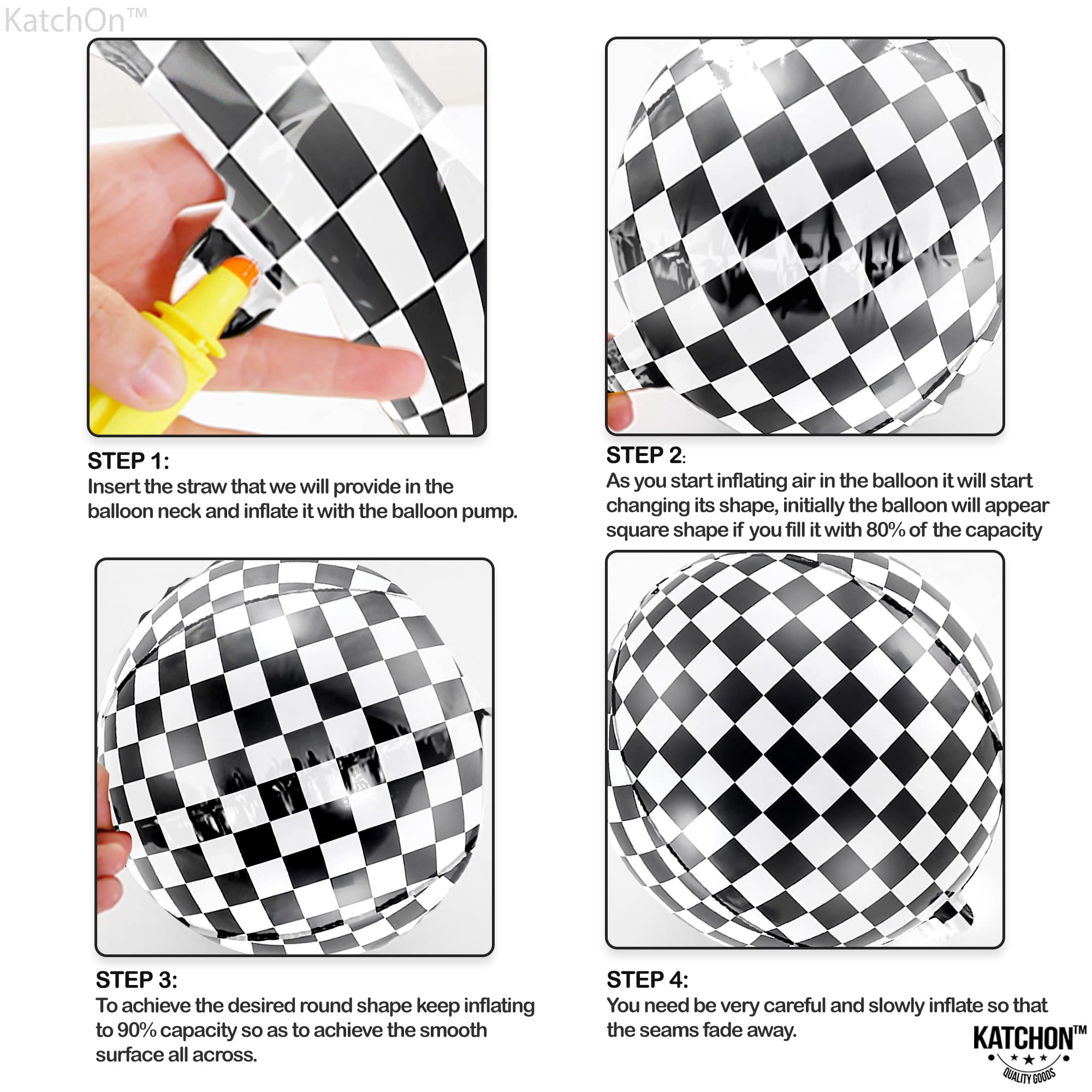 KatchOn, Black and White Checkered Balloons - 22 Inch, Pack of 12 | 4D Race Car Balloons for Emo Party Decorations | Checkered Flag Balloons, Checker Balloons for One Happy Dude Birthday Decorations