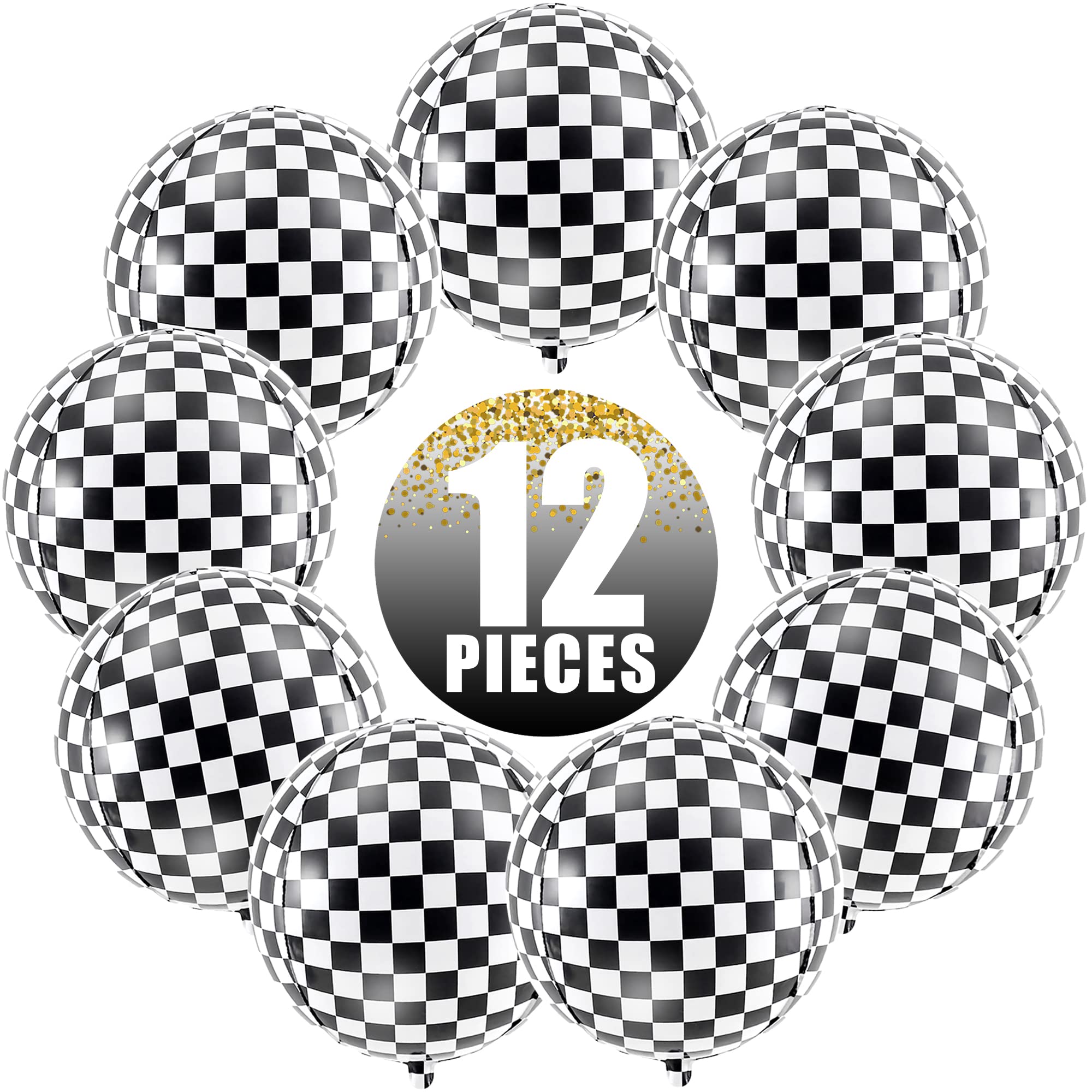 KatchOn, Black and White Checkered Balloons - 22 Inch, Pack of 12 | 4D Race Car Balloons for Emo Party Decorations | Checkered Flag Balloons, Checker Balloons for One Happy Dude Birthday Decorations