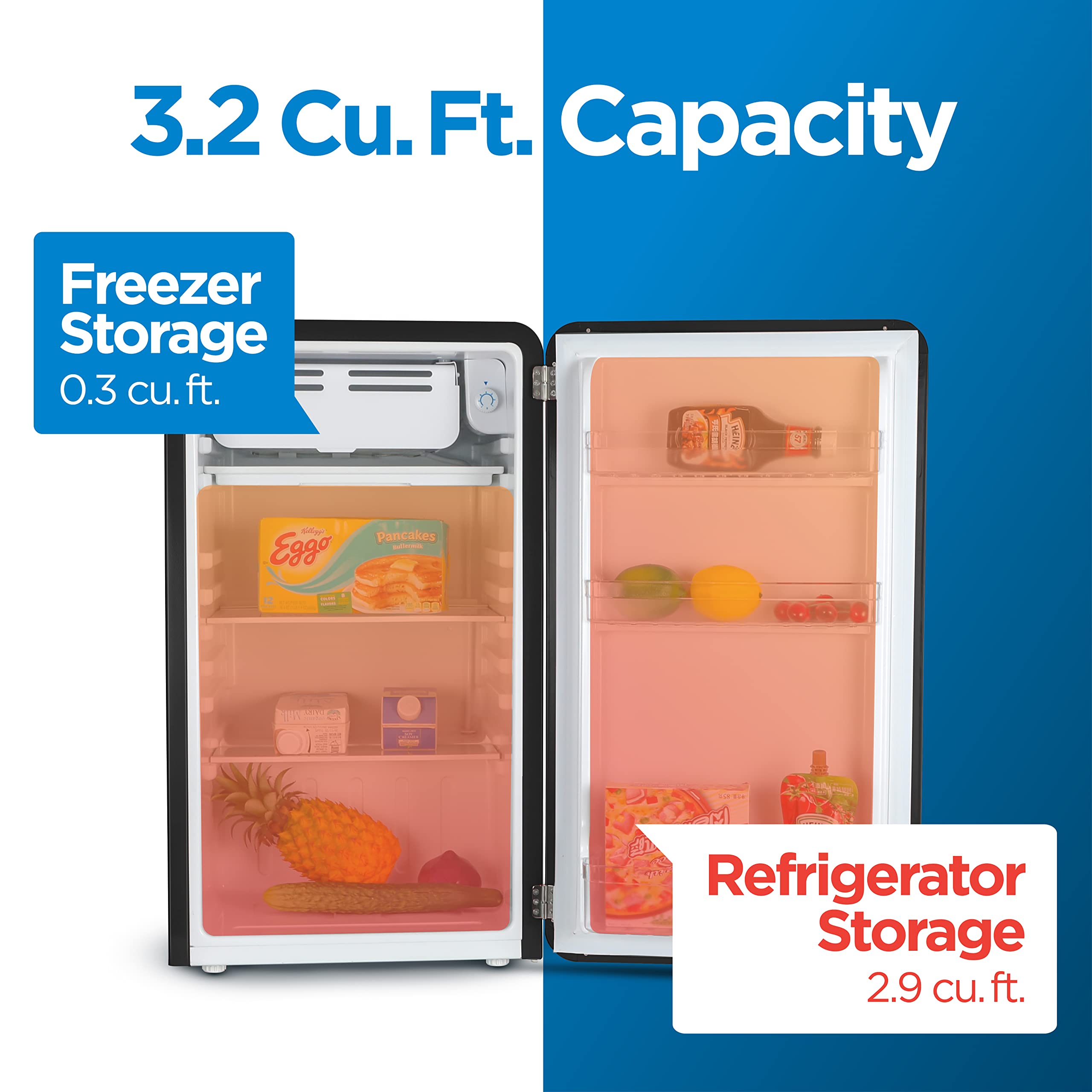 Commercial Cool CCRR32HB 3.2 Cu. Ft Freezer, Vintage Style Refrigerator, with Slide-Out Glass Shelves & Tall Bottle Storage, Retro Fridge, Black