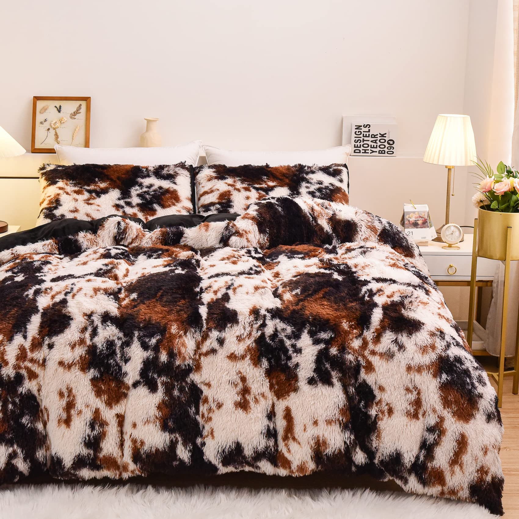 Aimuan Cow Print Duvet Cover Shaggy Fluffy Tie Dye Brown Black Velvet Bedding Set Super Soft Faux Fur Fuzzy Comforter Cover with Pillowcases (Coffee-Black, King)