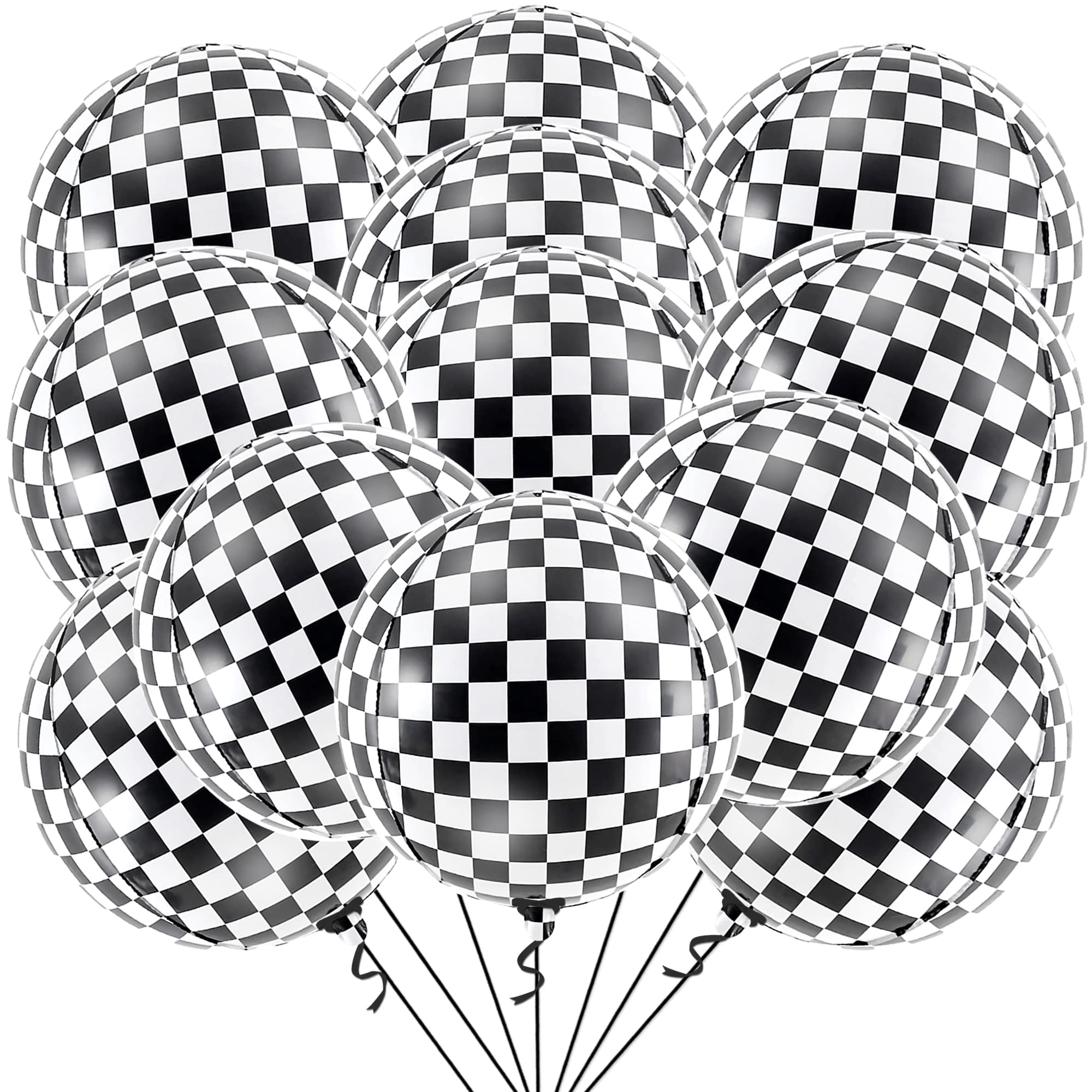 KatchOn, Black and White Checkered Balloons - 22 Inch, Pack of 12 | 4D Race Car Balloons for Emo Party Decorations | Checkered Flag Balloons, Checker Balloons for One Happy Dude Birthday Decorations