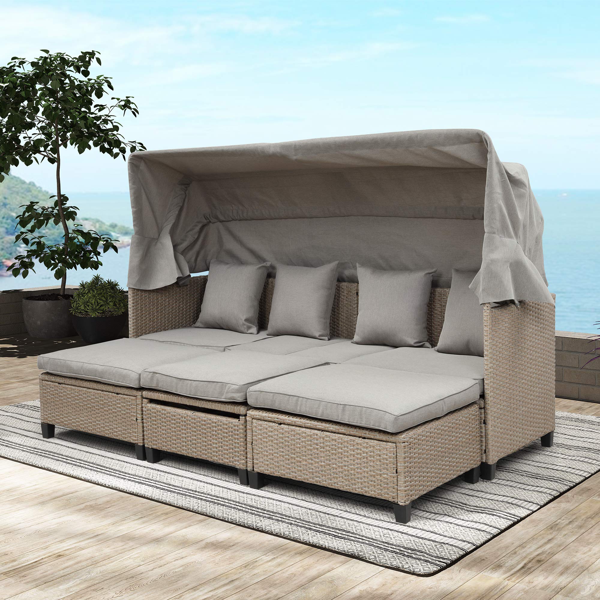 Quarte 4 Piece Outdoor Sectional Sofa Set, Patio UV-Proof Resin Wicker Sofa Set with Retractable Canopy, Cushions and Lifting Table