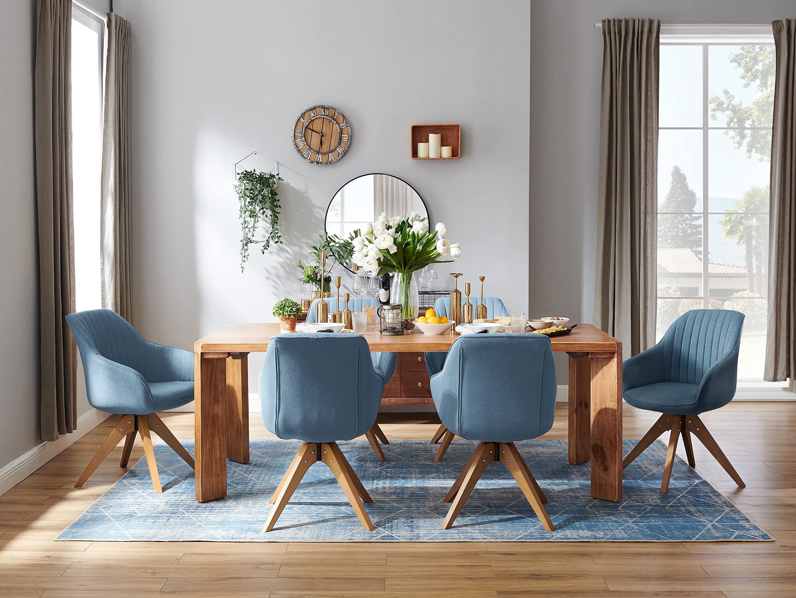 Art Leon Dining Chair, Mid Century Modern Fabric Upholstered Swivel Dining Room Chair with Wood Legs, Leisure Side Chair with Arms for Living Room, Blue