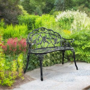 Tangkula Outdoor Garden Bench Park Bench, All-Weather Patio Bench Chair with Cast Aluminum Seat & Backrest, Porch Loveseat with Cast Iron Handle & Legs, Outdoor Bench for Patio Garden Lawn Park Deck