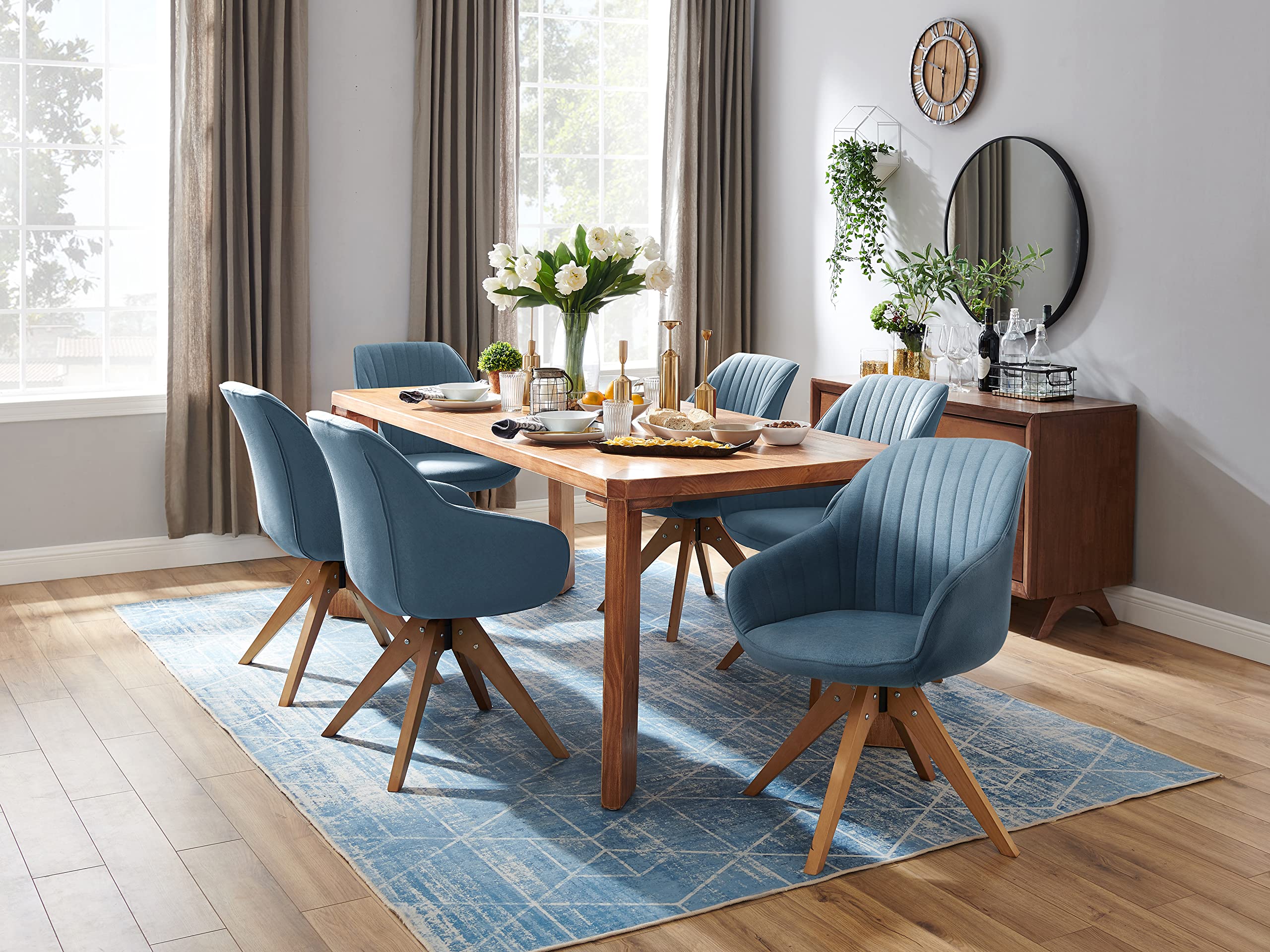 Art Leon Dining Chair, Mid Century Modern Fabric Upholstered Swivel Dining Room Chair with Wood Legs, Leisure Side Chair with Arms for Living Room, Blue