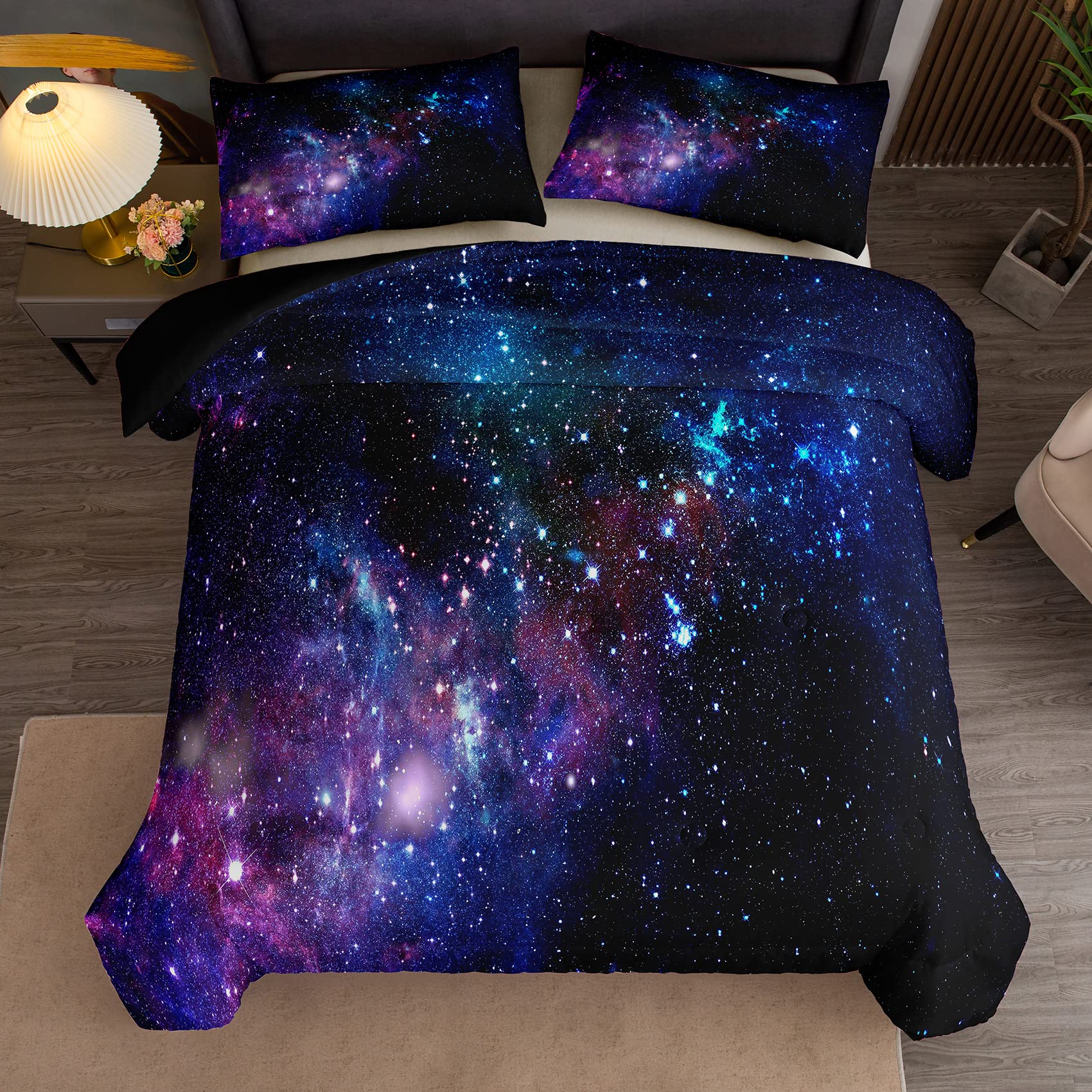 Tailor Shop Galaxy Comforter Set Universe Outer Space Blue and Purple Starry Sky Night Pattern Bedding Set for Girls Boys Kids Full Size with 1 Comforter 2 Pillowcases……