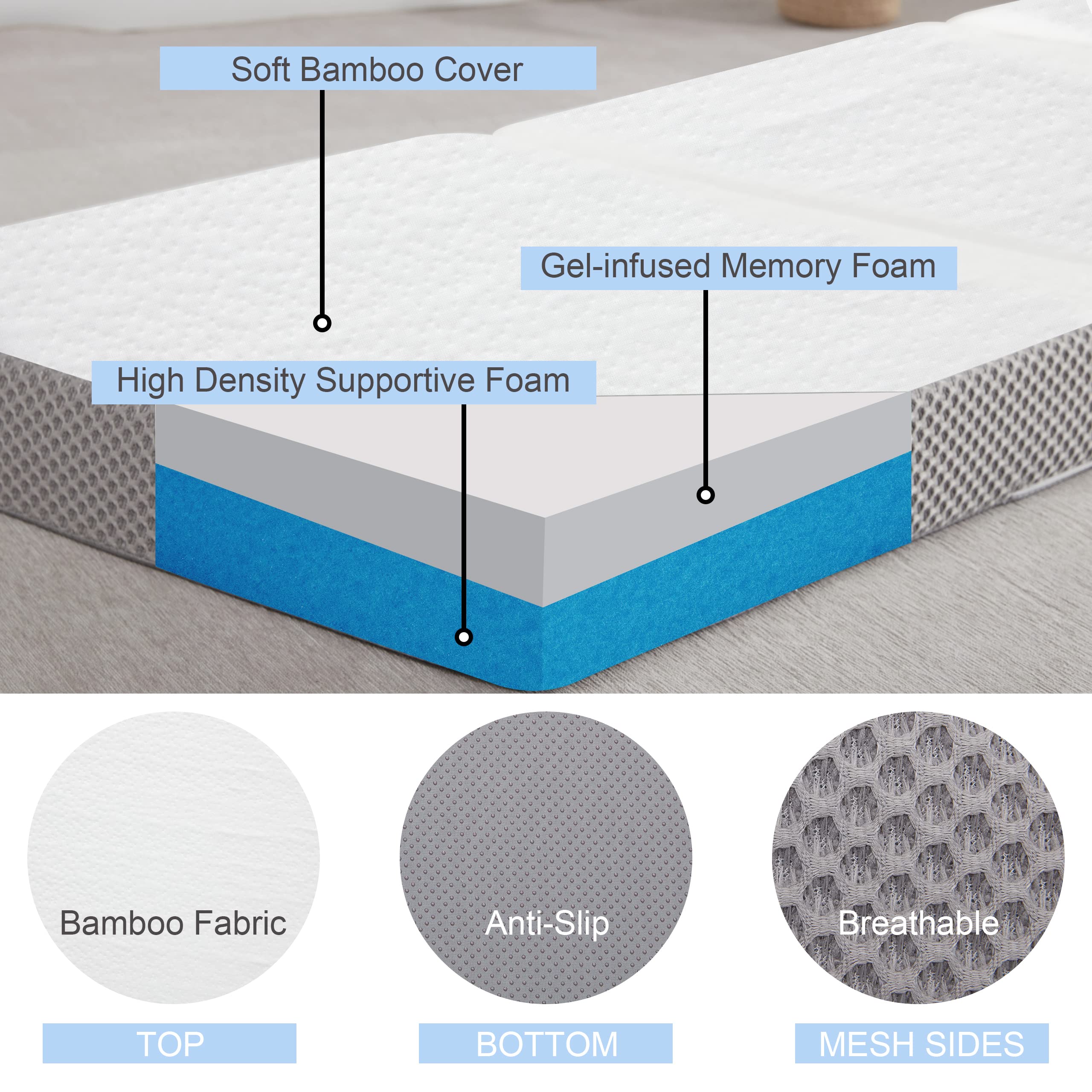 Kingfun Tbfit Memory Foam Folding Mattress, 4 Inch Gel-Infused Foldable Floor Mattress, Breathable Tri-fold Mattress Topper with Bamboo Cover, Soft Folding Foldable Portable Floor Guest Bed (Queen)