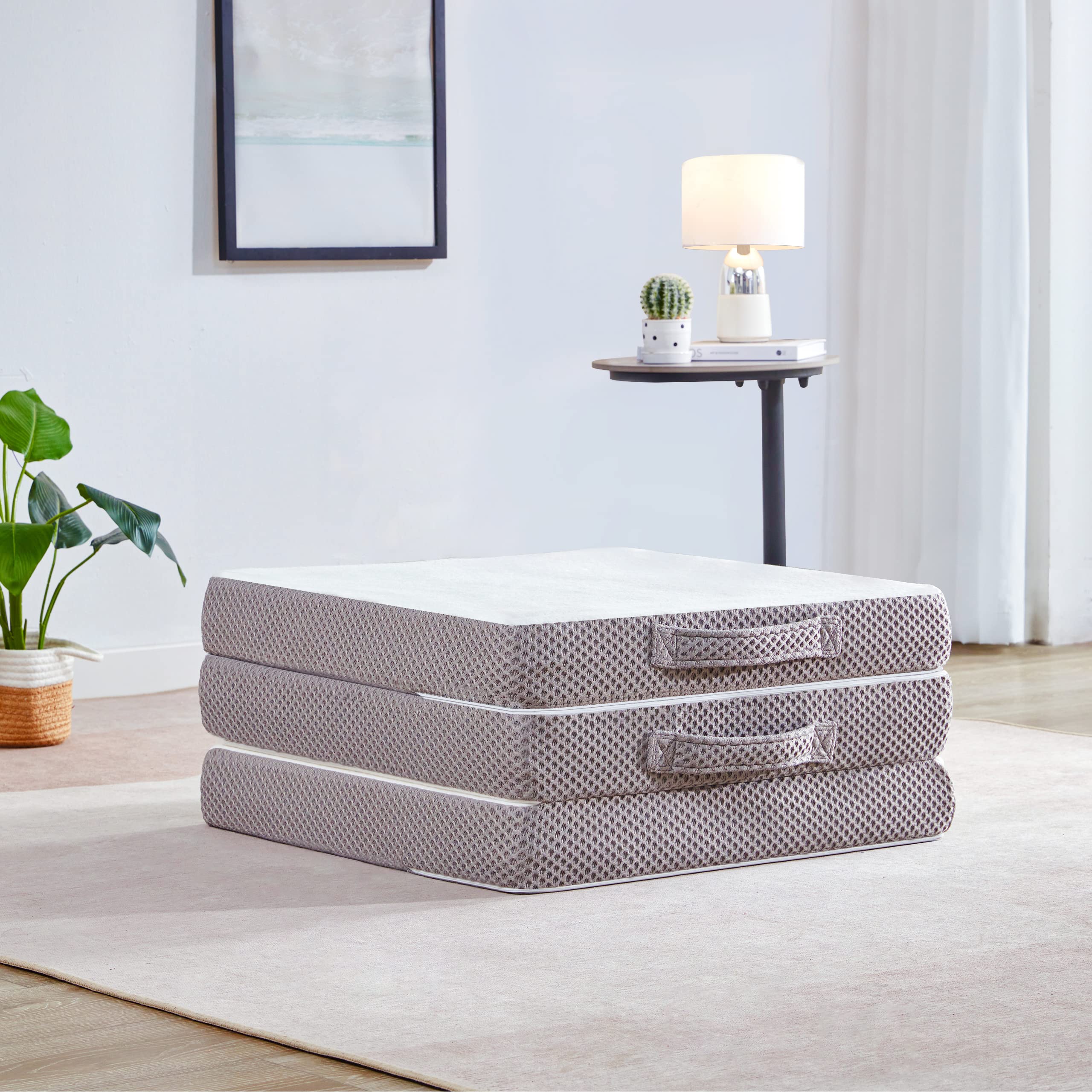 Kingfun Memory Foam Folding Mattress, 4 Inch Gel-Infused Foldable Floor Mattress, Breathable Tri-fold Mattress Topper with Cover, Soft Folding Foldable Portable Floor Guest Bed (Twin)