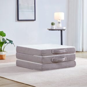 Kingfun Tbfit Memory Foam Folding Mattress, 4 Inch Gel-Infused Foldable Floor Mattress, Breathable Tri-fold Mattress Topper with Bamboo Cover, Soft Folding Foldable Portable Floor Guest Bed (Queen)