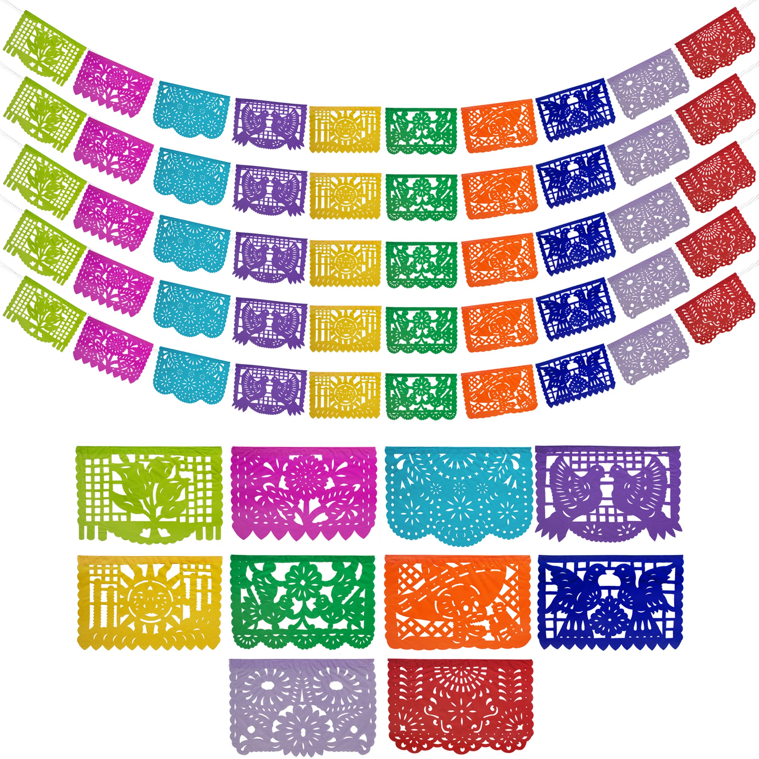 Mexican Party Banners (5 Pack - 10 Tissue Paper Flag Designs per Banner/NOT Plastic) - Papel Picado Banner - Mexican Themed Party Decorations - Papel Picado Mexicano para Fiesta - Mexican Banners