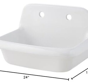 ELLAI 24 Inch Wall Mounted High Back Kitchen Sink White Porcelain Utility Sink Farm Sink Ceramic Farmhouse Laundry Sink Wall Mount Bathroom Sink, 8 in centers, 24” x 17” x 15”