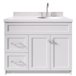 ariel hamlet 43 inch white bathroom vanity with sink, 1.5" edge quartz countertop, solid wood, right oval sink, 2 soft-closing doors & 2 full extension drawers, toe kick