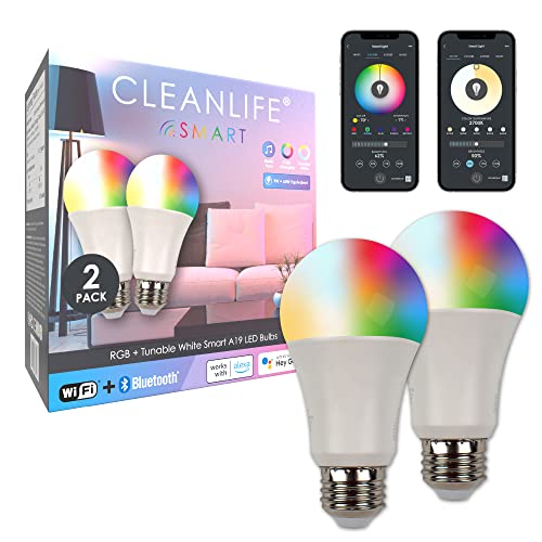 CLEANLIFE Smart Gen 2 A19 LED Bulb - RGB + Tunable White Smart Bulb with WiFi & Bluetooth Light Control - App Controlled, Programmable LED Lights - Pack of 2 9W Dimmable LED Light Bulbs