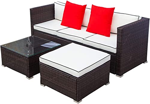 GAOPAN 3 Piece Outdoor Patio Conversation Sectional Couches Furniture Set, Rattan Wicker Garden Corner Sofas with Tempered Glass Top Coffee Table and Removable Soft Cushion, Beige+Brown