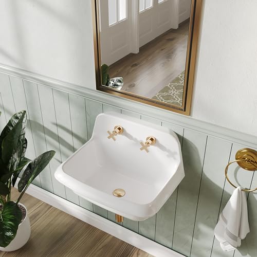 ELLAI 24 Inch Wall Mounted High Back Kitchen Sink White Porcelain Utility Sink Farm Sink Ceramic Farmhouse Laundry Sink Wall Mount Bathroom Sink, 8 in centers, 24” x 17” x 15”