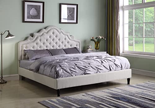 Full Upholstered Platform Bed Frame with 51" Tall Headboard- Button Tufted Cloth Bed- Wood Slat Support with Storage Space - No Box Spring Needed - Easy Assembly - Light Beige - OLIVER & SMITH Madison