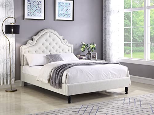 Full Upholstered Platform Bed Frame with 51" Tall Headboard- Button Tufted Cloth Bed- Wood Slat Support with Storage Space - No Box Spring Needed - Easy Assembly - Light Beige - OLIVER & SMITH Madison