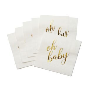 100 Pcs "Oh Baby" White Napkins - 3-Ply White and Gold Cocktail Napkins Baby Shower Party Supplies - Eco-friendly Party Napkins for Dessert Beverage & Table Decorations