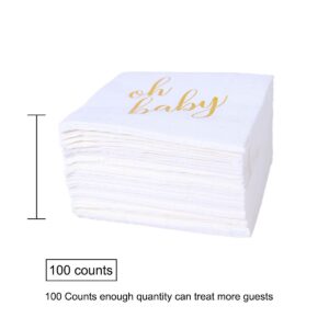 100 Pcs "Oh Baby" White Napkins - 3-Ply White and Gold Cocktail Napkins Baby Shower Party Supplies - Eco-friendly Party Napkins for Dessert Beverage & Table Decorations