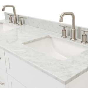 ARIEL 61" White Double Bathroom Vanity, Italian Carrara Marble Countertop & Splash, Rectangular Sink, 2 Soft Closing Doors, 3 Full Extension Dovetail Drawers, Toe Kick, Brushed Nickel