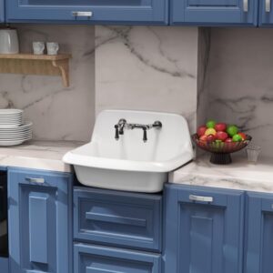 ELLAI 24 Inch Wall Mounted High Back Kitchen Sink White Porcelain Utility Sink Farm Sink Ceramic Farmhouse Laundry Sink Wall Mount Bathroom Sink, 8 in centers, 24” x 17” x 15”