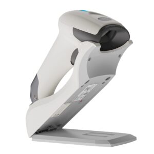 teemi 1d 2d bluetooth barcode scanner with intelligent usb cradle charge station wall mounted, auto activate omni-directional hands-free scanning mode, wireless charging white color