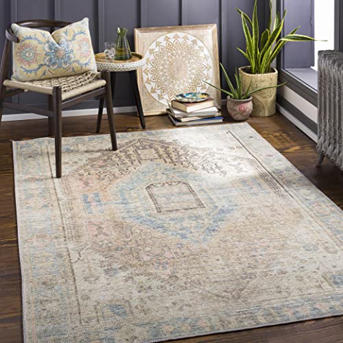 Mark&Day Washable Rugs, 9x12 Oak Lawn Traditional Tan Area Rug, Blue Beige Brown Carpet for Living Room, Bedroom or Kitchen (8'10" x 12', Machine Washable)