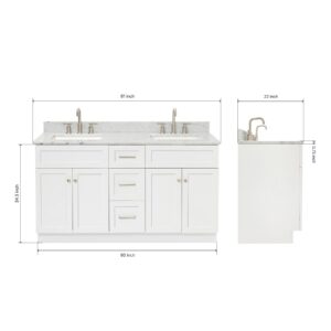 ARIEL 61" White Double Bathroom Vanity, Italian Carrara Marble Countertop & Splash, Rectangular Sink, 2 Soft Closing Doors, 3 Full Extension Dovetail Drawers, Toe Kick, Brushed Nickel