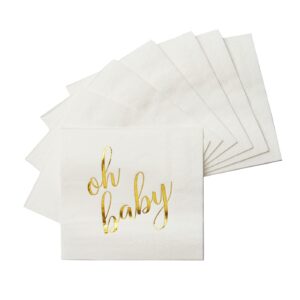 100 Pcs "Oh Baby" White Napkins - 3-Ply White and Gold Cocktail Napkins Baby Shower Party Supplies - Eco-friendly Party Napkins for Dessert Beverage & Table Decorations