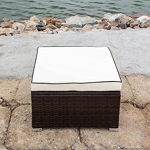 GAOPAN 3 Piece Outdoor Patio Conversation Sectional Couches Furniture Set, Rattan Wicker Garden Corner Sofas with Tempered Glass Top Coffee Table and Removable Soft Cushion, Beige+Brown