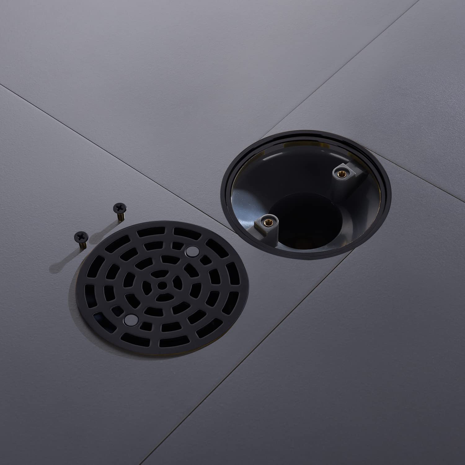 DEOKXZ 4 1/4" Shower Drain Round Black, Removable Grille Strainer Screws in Drain Cover, Base with Adjustable Drain Flange Kit PVC, SUS304 Stainless Steel