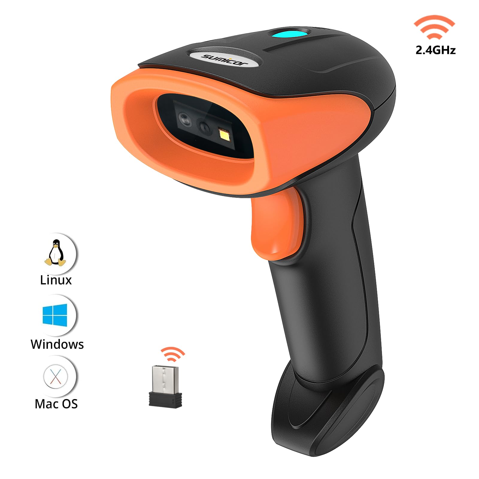 Sumicor QR Code Scanner, Wireless 2D Barcode Scanner Data Matrix PDF417 UPC Handheld Automatic Bar Code Reader Scanner for Library Warehouse Inventory Store (No Stand, 2.4Ghz wirless, 2D)