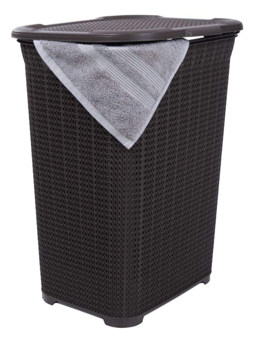 Plastic Laundry Hamper with Lid, Knit Designed Laundry Hamper Basket, 50 Liter Brown Cloths Hamper Organizer with Cut-out Handles. Space Saving for Laundry Room Bedroom Bathroom.