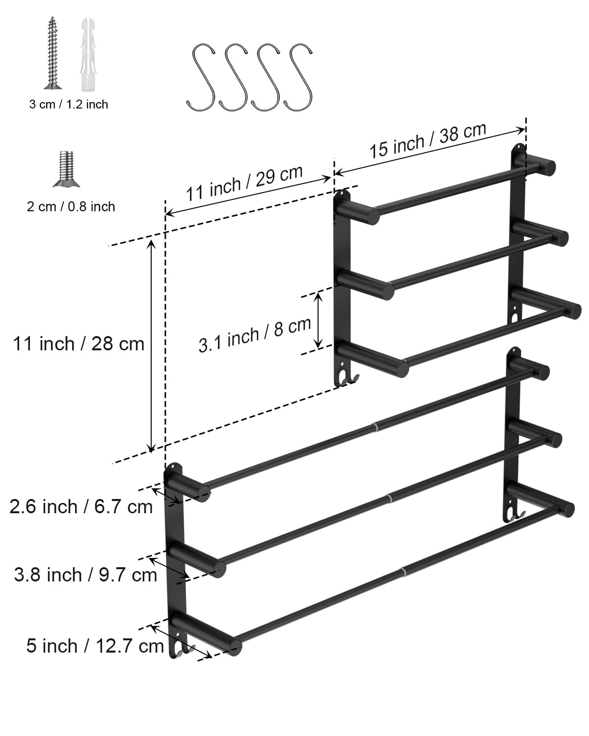 3-Tier Adjustable Ladder Bath Towel Bar 16 to 27.6 Inch,ZUEXT Oil Rubbed Black Stainless Steel Towel Holder, Wall Mounted Stair Towel Rod for Bathroom Kitchen,Strechable Towel Rail Racks w/Hooks