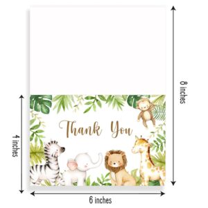 Jungle Safari Thank You Cards With Envelopes, 50 Jungle Animals Baby Shower Thank You Notes, 4 x 6 Thank You Cards Safari Baby Shower & Wild One Birthday Party