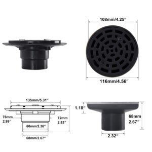 DEOKXZ 4 1/4" Shower Drain Round Black, Removable Grille Strainer Screws in Drain Cover, Base with Adjustable Drain Flange Kit PVC, SUS304 Stainless Steel