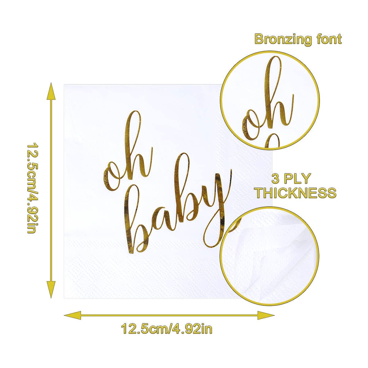 100 Pcs "Oh Baby" White Napkins - 3-Ply White and Gold Cocktail Napkins Baby Shower Party Supplies - Eco-friendly Party Napkins for Dessert Beverage & Table Decorations