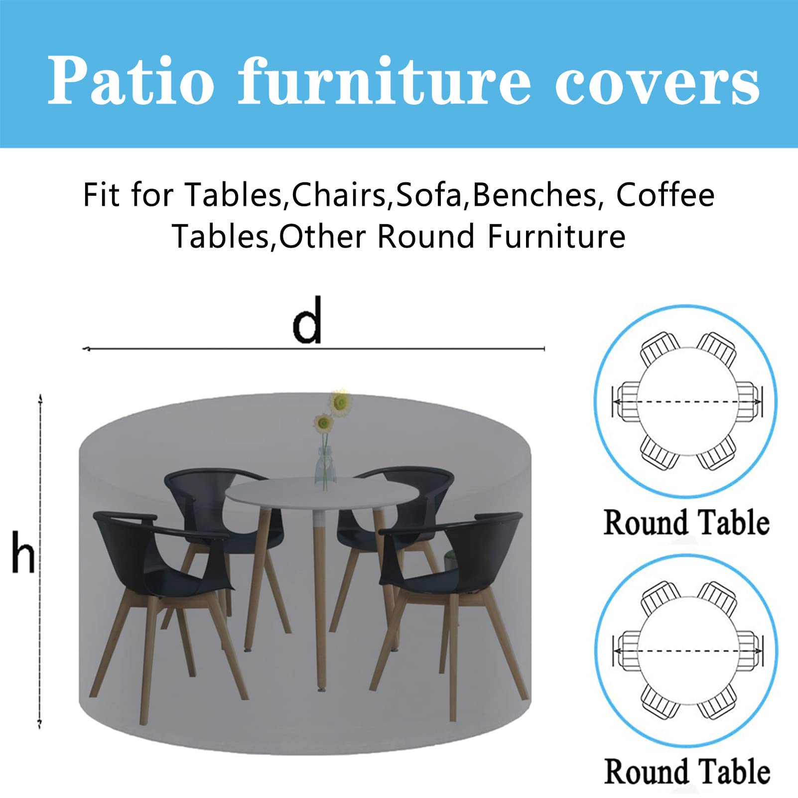 QIAOH Round Patio Table Covers 56x30in, Patio Furniture Set Covers 420d Outdoor Furniture Covers Waterproof Garden Table Chairs Set Covers Heavy Duty Cover Uv Resistant Dustproof