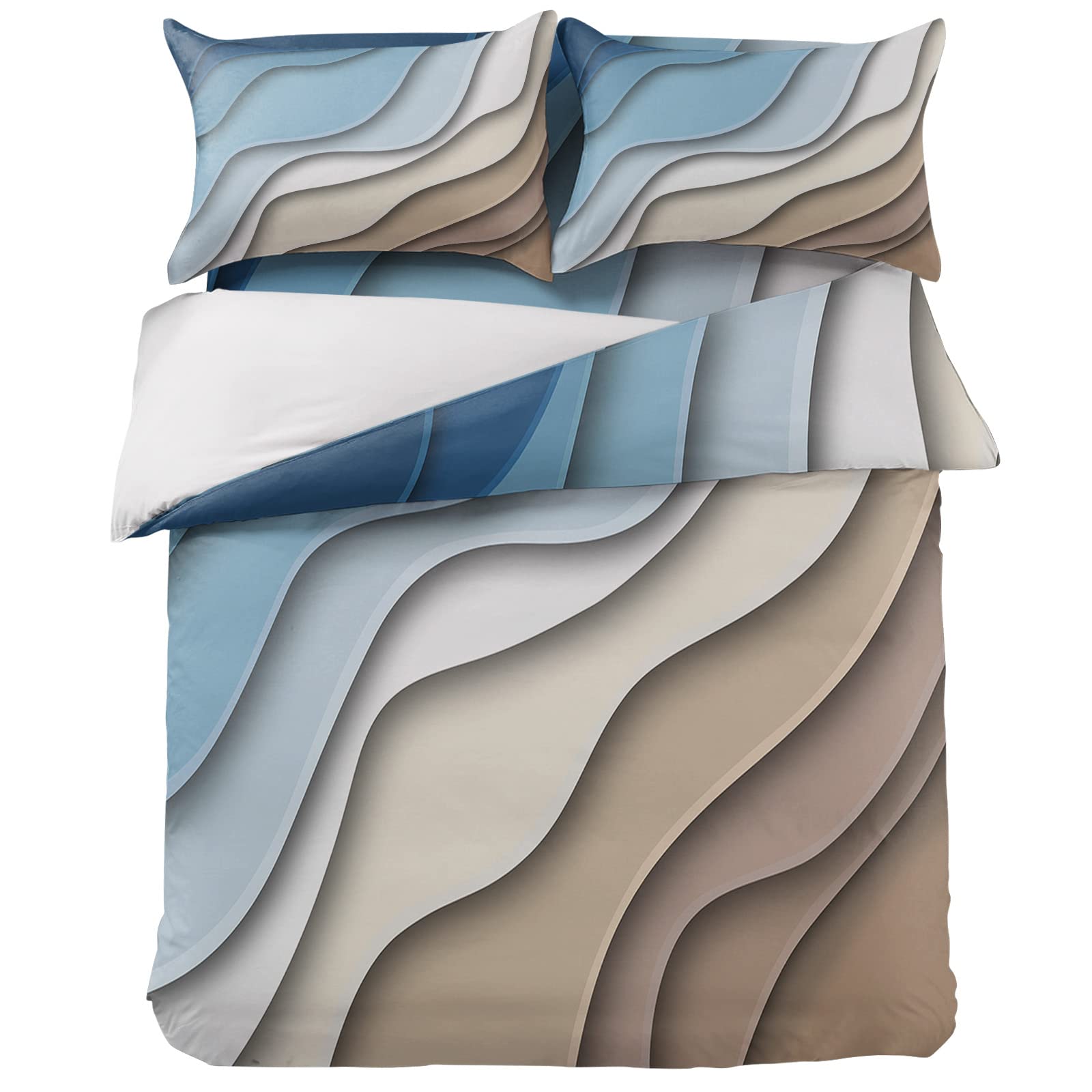 4 Pieces Duvet Cover Bedding Set Cal King Ultra Soft Quilted Luxury Washed Comforter Bedspread Bed Sheet Pillowcases Modern Bule Brown Wave Gradient for Bedroom Decor Geometric Abstract Art