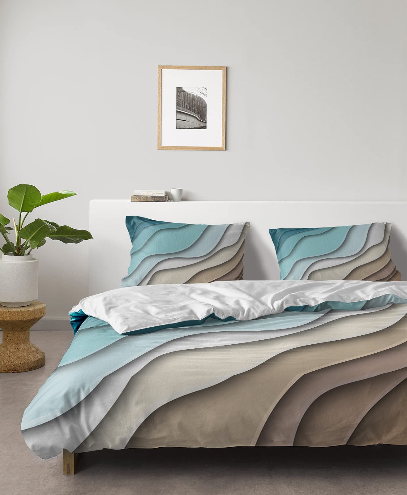 4 Pieces Duvet Cover Bedding Set Cal King Ultra Soft Quilted Luxury Washed Comforter Bedspread Bed Sheet Pillowcases Modern Teal Bule Brown Gradient for Bedroom Decor Geometric Abstract Beach