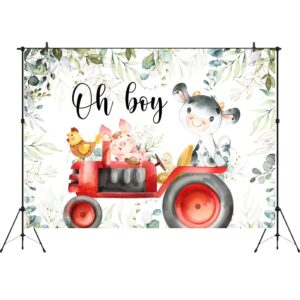 Aperturee Holy Cow Baby Shower Backdrop 7x5ft Greenery Farm Animals Tractor Oh Boy Eucalyptus Leaves Photography Background It's A Boy Party Decorations Photo Shoot Booth Props Banners