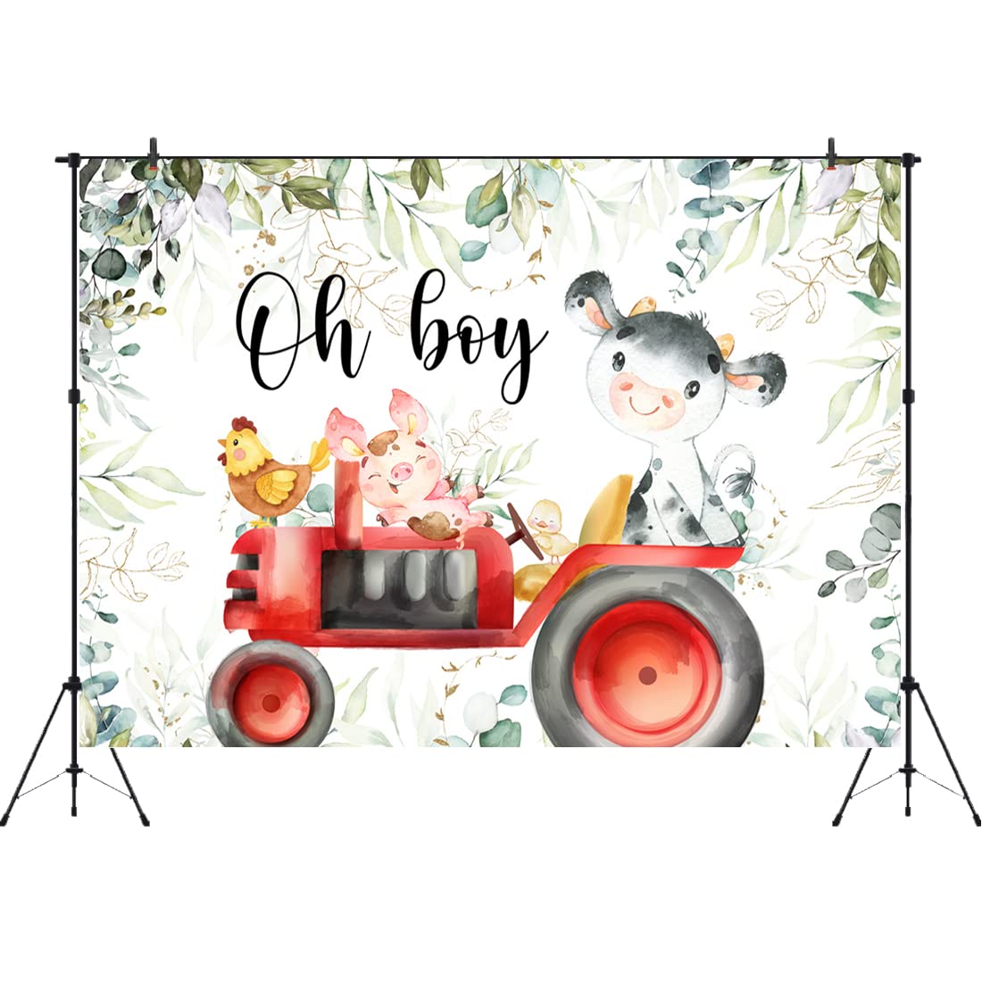 Aperturee Holy Cow Baby Shower Backdrop 7x5ft Greenery Farm Animals Tractor Oh Boy Eucalyptus Leaves Photography Background It's A Boy Party Decorations Photo Shoot Booth Props Banners